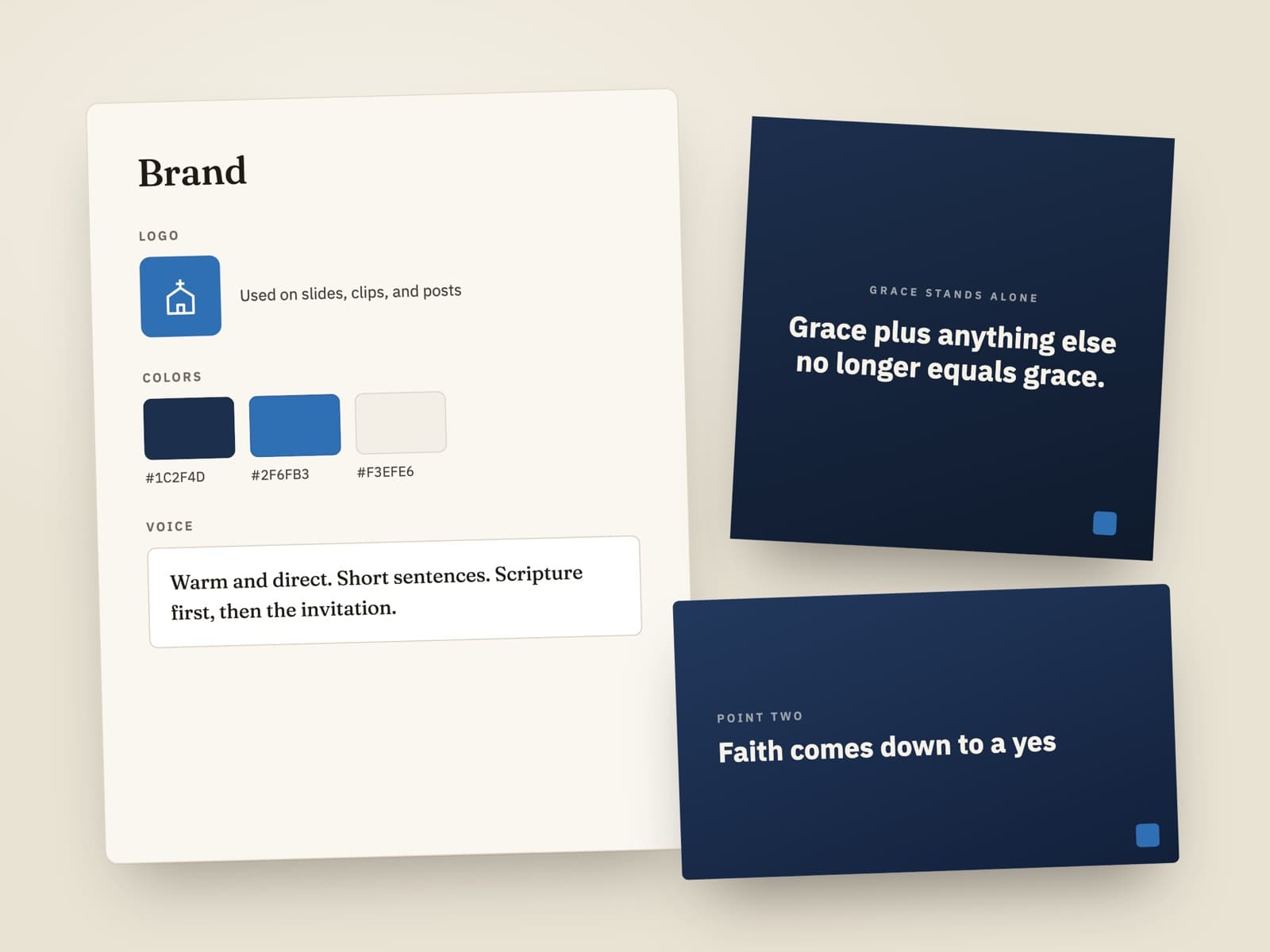 Brand settings with a logo, three colors, and a voice note, beside two slides that follow them.