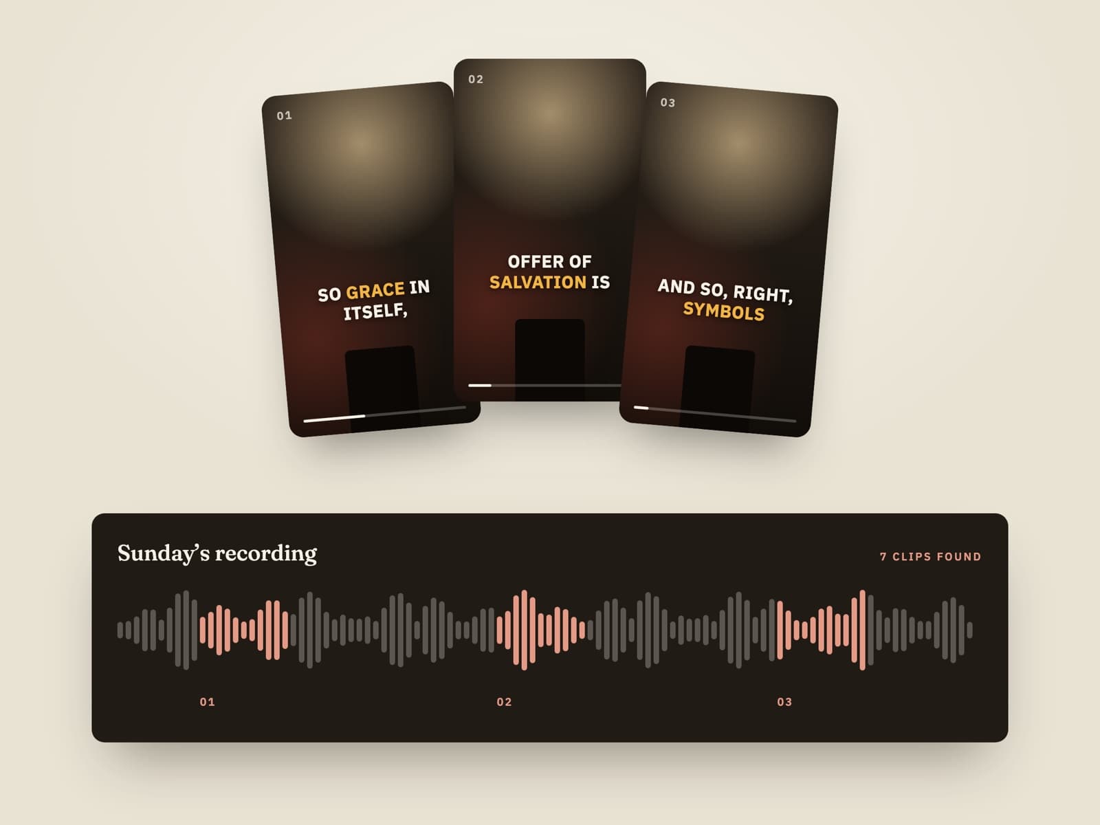 Sunday’s recording as a waveform, with three highlighted moments turned into captioned vertical clips.