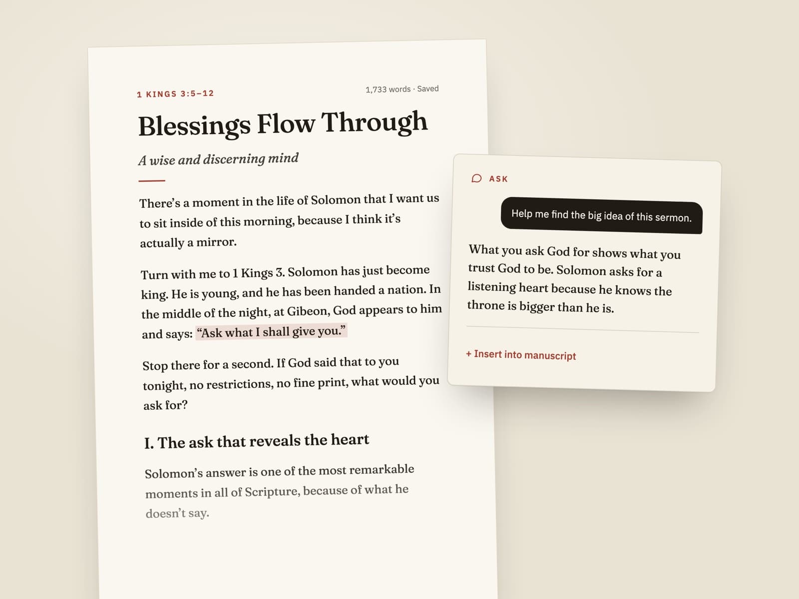 A sermon manuscript page with an Ask card suggesting the sermon’s big idea.